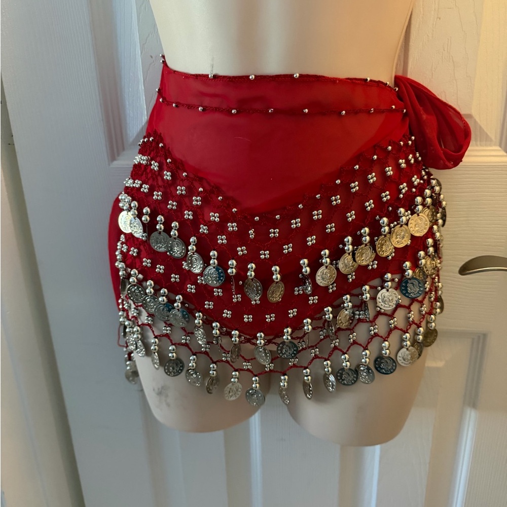 Red Belly Dancing scarf with Silver coins